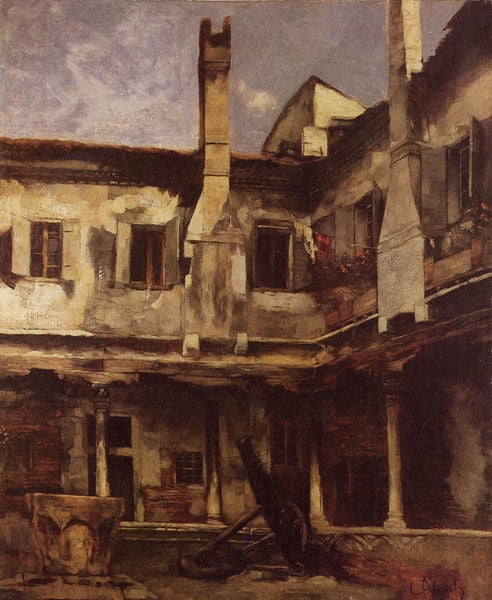 ""Abbazia S. Gregorio"", Venedig
(Hof der Abbazia S. Gregorio in Venedig. by Carl Schuch. 1878. Motifs recorded: haus, hof, fenster, himmel, ruine, wäsche, schornstein, blumen.