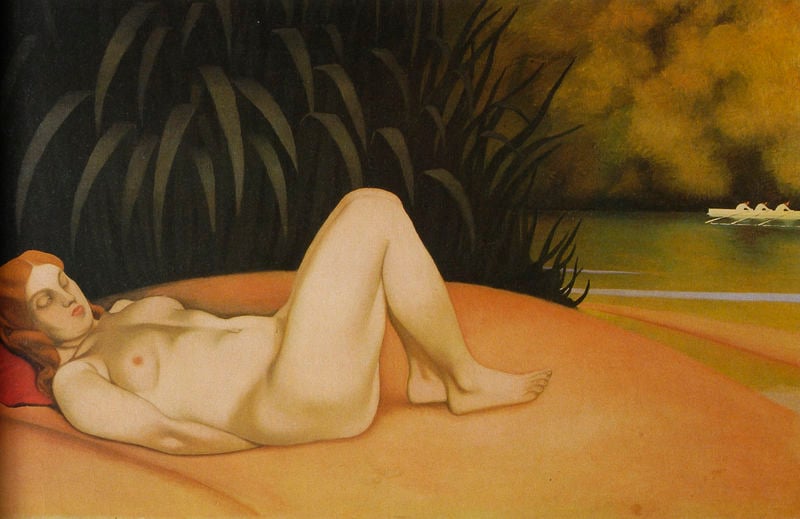 Am Flußufer schlafender Akt. by Félix Vallotton. 1921. Motifs recorded: frau, nackt, akt, ruderer, boot, ufer, see, schilf.