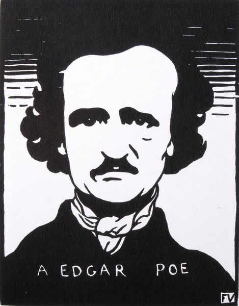 Edgar Allan Poe. by Félix Vallotton. 1894. Motifs recorded: poe, schwarz, edgar, poe, druck, bart, haare, portrait.
