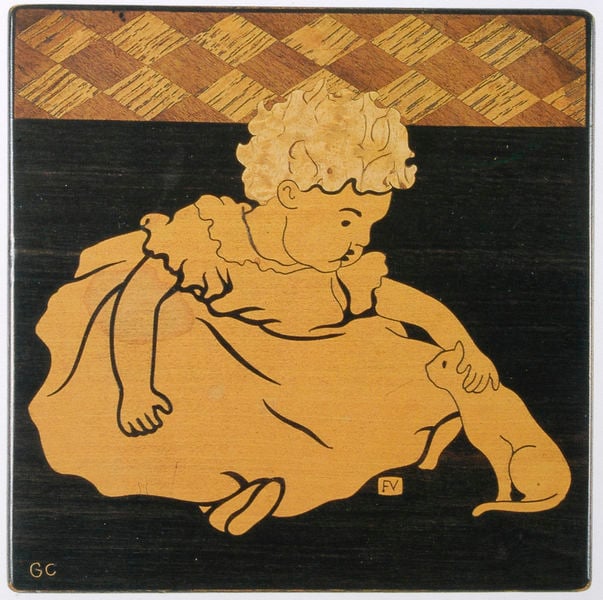 Bonbonniere. by Félix Vallotton. 1895. Motifs recorded: kind, katze, streicheln, kleid, holz, boden, mädchen, haare.