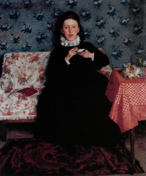 Auf dem Kanapee. by Heinrich Wilhelm Trübner. 1872. Motifs recorded: frau, tisch, tapete, blumen, sofa, teppich, schwarz, tischdecke.
