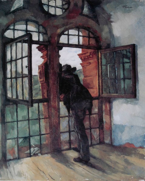 Blick aus dem Heidelberger Schloß. by Heinrich Wilhelm Trübner. 1873. Motifs recorded: fenster, mann, hut, offen, glas, grün, schwarz, holzboden.