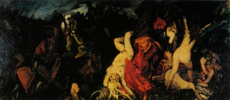 Amazonenschlacht. by Heinrich Wilhelm Trübner. 1880. Motifs recorded: nackt, rot, frauen, schwarz, dunkel, kampf, frau, menschen.