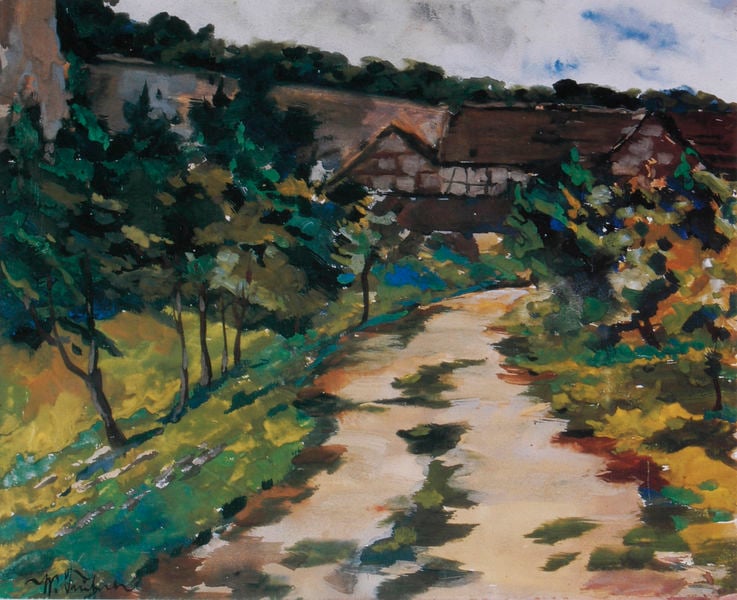 Ermatingen am Bodensee. by Heinrich Wilhelm Trübner. 1894. Motifs recorded: weg, bäume, grün, fachwerk, himmel, häuser, landschaft, impressionismus.