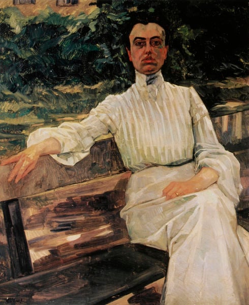 Alice Trübner, Gattin des Künstlers, auf der Gartenbank. by Heinrich Wilhelm Trübner. 1902. Motifs recorded: bank, frau, weiß, ring, rock, kleid, hand, mund.