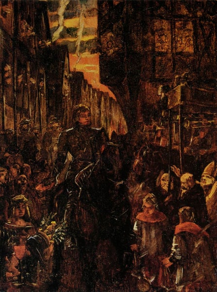 Einzug Friedrich des Siegreichen in Heidelberg. by Heinrich Wilhelm Trübner. 1902. Motifs recorded: menschen, reiter, braun, rot, ritter, stadt, rauch, pferd.