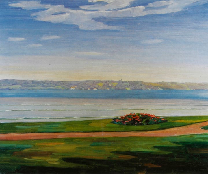 Aussichtsplatz am Starnberger See. by Heinrich Wilhelm Trübner. 1911. Motifs recorded: himmel, blumen, weg, landschaft, see, wolken, grün, blau.