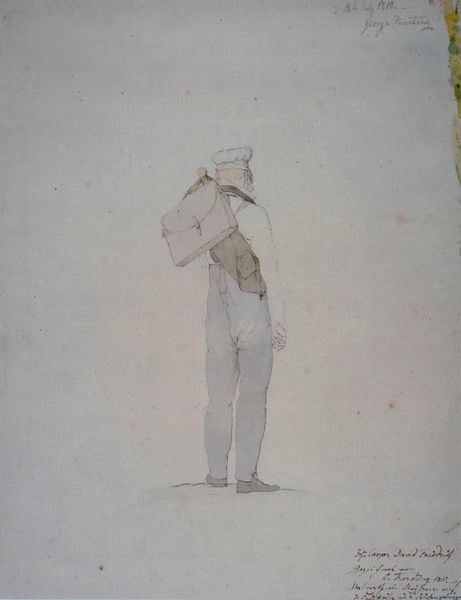 Caspar David Friedrich auf der Wanderung ins Riesengebirge. by Georg Friedrich Kersting. 1810. Motifs recorded: man, mütze, bag, hat, hut, zeichnung, tasche, rücken.