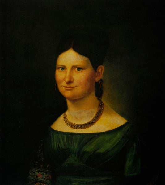Dame mit Schal. by Georg Friedrich Kersting. 1825–1830. Motifs recorded: frau, grün, dunkel, kette, ohrringe, kleid, portrait, augen.