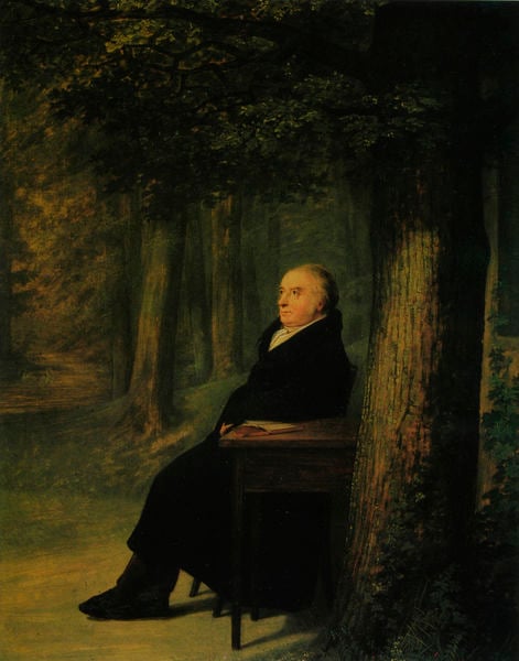 Bildnis des Buchhändlers C. Fr. Frommann. by Georg Friedrich Kersting. 1825–1835. Motifs recorded: wald, tisch, mann, mantel, baum, schwarz, bäume, buch.