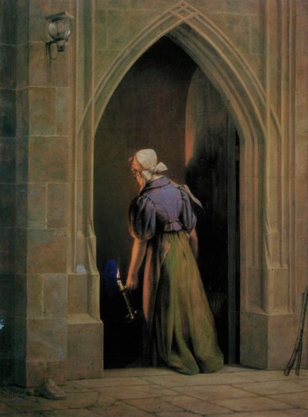 Am Meißner Schloßkeller. by Georg Friedrich Kersting. 1815–1840. Motifs recorded: blau, lampe, frau, stein, grün, rock, kerze, haube.