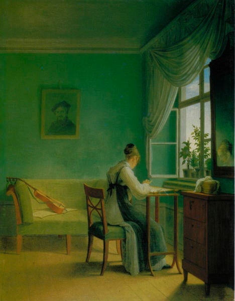 Am Stickrahmen (Die Stickerin). by Georg Friedrich Kersting. 1827. Motifs recorded: frau, gitarre, sofa, stuhl, grün, bild, fenster, tisch.