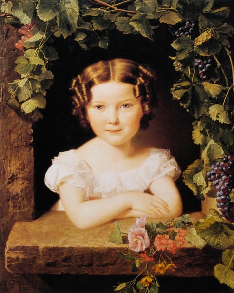 Bildnis der vierjährigen Komtesse E. in weinlaubumranktem Fenster. by Ferdinand Georg Waldmüller. 1821. Motifs recorded: mädchen, blumen, fenster, locken, arme, trauben, stein, kleid.