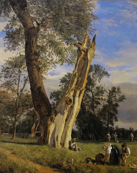 ""Parthie aus dem Prater"". by Ferdinand Georg Waldmüller. 1831. Motifs recorded: baum, himmel, wiese, frau, weg, menschen, wolken, bäume.