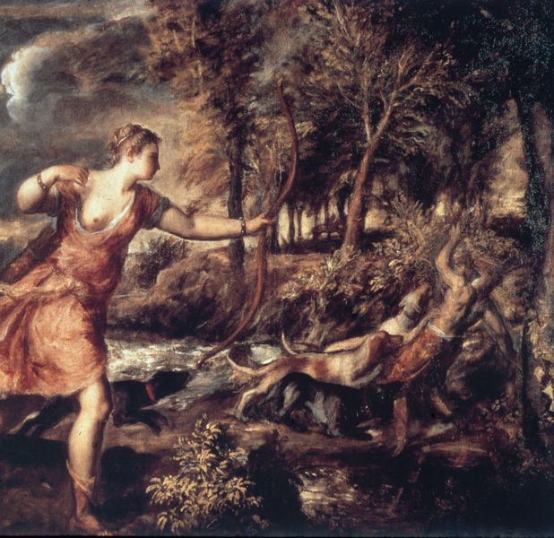 Actaeon und Diana. by Tiziano Vecellio. 1559–1575. Motifs recorded: hunde, bogen, wald, jagd, diana, brust, pfeil, bäume.
