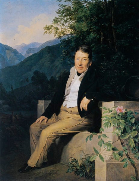 Bildnis des Freiherrn von Moser vor einer Salzkammergutlandschaft mit Loser und Sandling. by Ferdinand Georg Waldmüller. 1833–1835. Motifs recorded: mann, rose, bank, landschaft, berge, hose, himmel, stein.