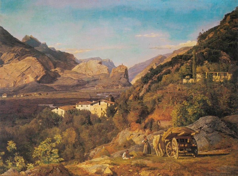 Blick auf Arco ""Gebirge von Arco bei Riva"". by Ferdinand Georg Waldmüller. 1841. Motifs recorded: landschaft, wagen, felsen, berge, gebirge, himmel, häuser, frau.