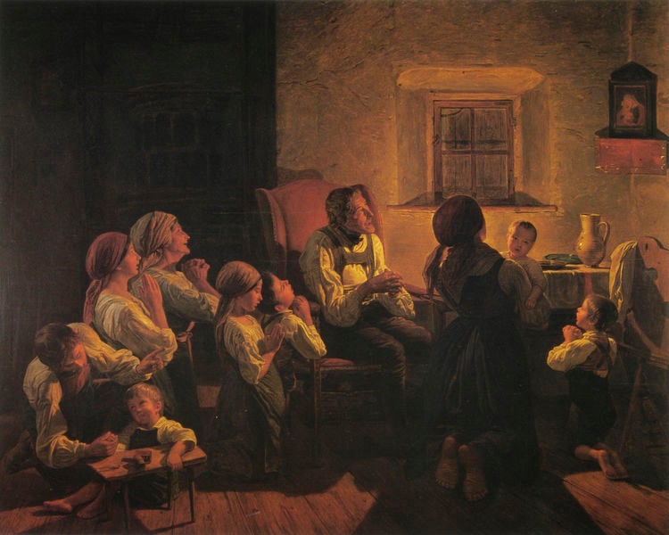""Ave Maria"" Abendgebet in der Bauernstube. by Ferdinand Georg Waldmüller. 1846. Motifs recorded: kinder, beten, licht, familie, fenster, sessel, mann, tisch.