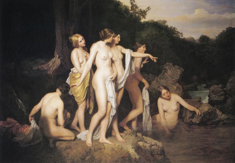 Badende Frauen am Waldbach. by Ferdinand Georg Waldmüller. 1848. Motifs recorded: frauen, nackt, wald, wasser, himmel, baden, tücher, fluss.