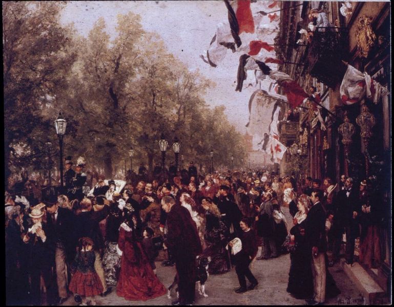 Abreise König Wilhelms I. zur Armee am 31. Juli 1870. by Adolph Menzel. 1871. Motifs recorded: fahnen, bäume, flags, frankreich, crowd, people, trees, street.
