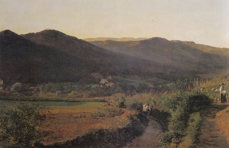 Berglandschaft mit Weingarten. by Ferdinand Georg Waldmüller. 1862. Motifs recorded: berge, landschaft, weg, himmel, dorf, weinberg, wiese, menschen.