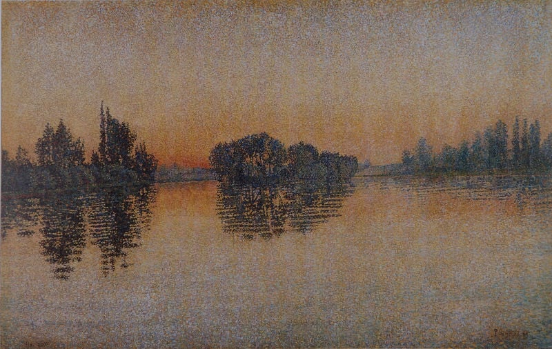 Herblay. Sonnenuntergang. Opus 206. by Paul Signac. 1889. Motifs recorded: see, bäume, spiegelung, ufer, himmel, abend, wasser, sonne.