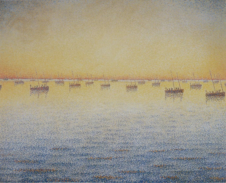 Concarneau. Sardinenfang. Opus 221. (Adagio). by Paul Signac. 1891. Motifs recorded: wasser, boote, blau, himmel, schiffe, gelb, wellen, meer.