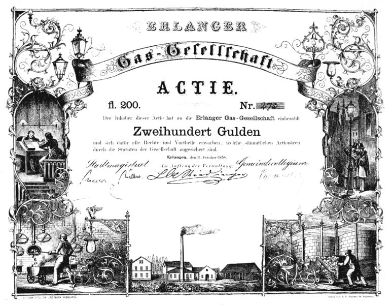 Aktie der Erlanger Gasgesellschaft mit Ansichten des Gaswerks und Gasbeleuchtung. 1858. Motifs recorded: aktie, arbeiter, druck, gas, gulden, laterne, gesellschaft, schornstein.