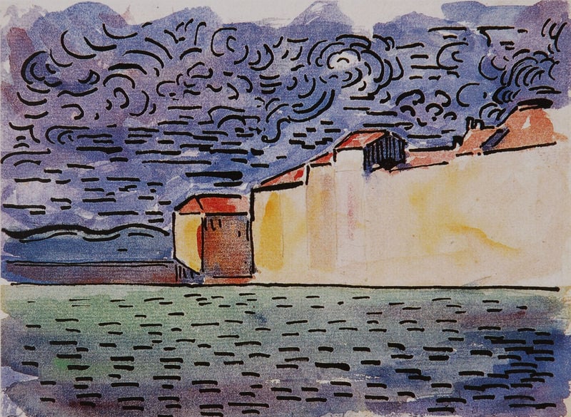 Das Gewitter. by Paul Signac. 1895. Motifs recorded: wolken, blau, mauer, himmel, stadt, gelb, rot, wasser.