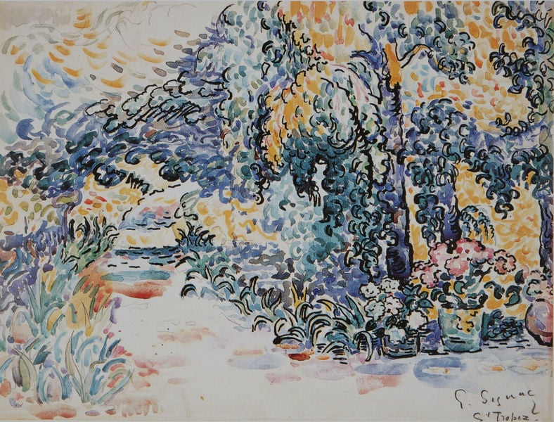 Saint-Tropez. Der Garten beim Haus des Künstlers. by Paul Signac. 1899–1901. Motifs recorded: blue, flowers, yellow, garden, trees, path, red, blau.