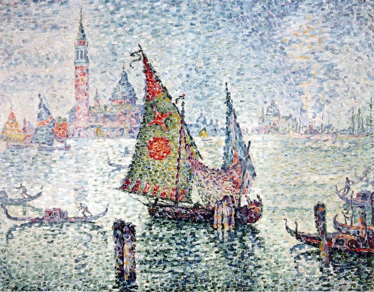 Das grüne Segel (Venedig). by Paul Signac. 1904. Motifs recorded: segel, wasser, venedig, turm, boot, stadt, meer, gondeln.