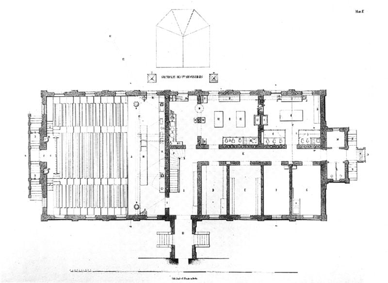 Chemisches Laboratorium München, Arcisstraße 1 (heute Meiserstr.) - Grundriss 1.OG. by August von Voit. 1859. Motifs recorded: grundriss, zimmer, architektur, zeichnung, plan, gebäude, flur, schwarz.
