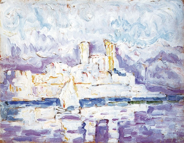 Antibes. Morgennebel. by Paul Signac. 1918–1919. Motifs recorded: himmel, blau, lila, wasser, stadt, boot, weiss, schiff.