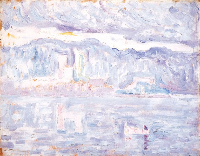Études pour Antibes. by Paul Signac. 1919. Motifs recorded: blau, wolken, himmel, spiegelung, wasser, lila, boot, landschaft.