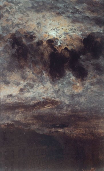 Blick auf den Mond. by Adolph Menzel. 1855–1860. Motifs recorded: clouds, sky, dark, moon, black, storm, night, light.