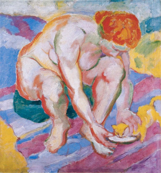 Akt mit Katze. by Franz Marc. 1910. Motifs recorded: katze, frau, gelb, akt, rot, nackt, teppich, blau.