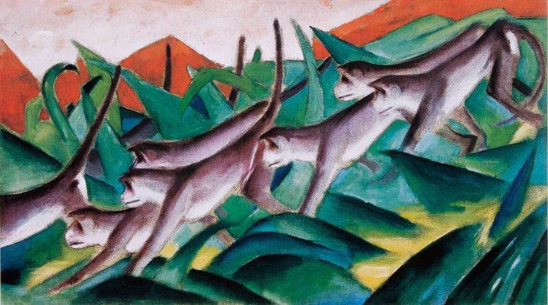 Affenfries. by Franz Marc. 1911. Motifs recorded: affen, grün, rot, marc, berge, tiere, himmel, expressionismus.