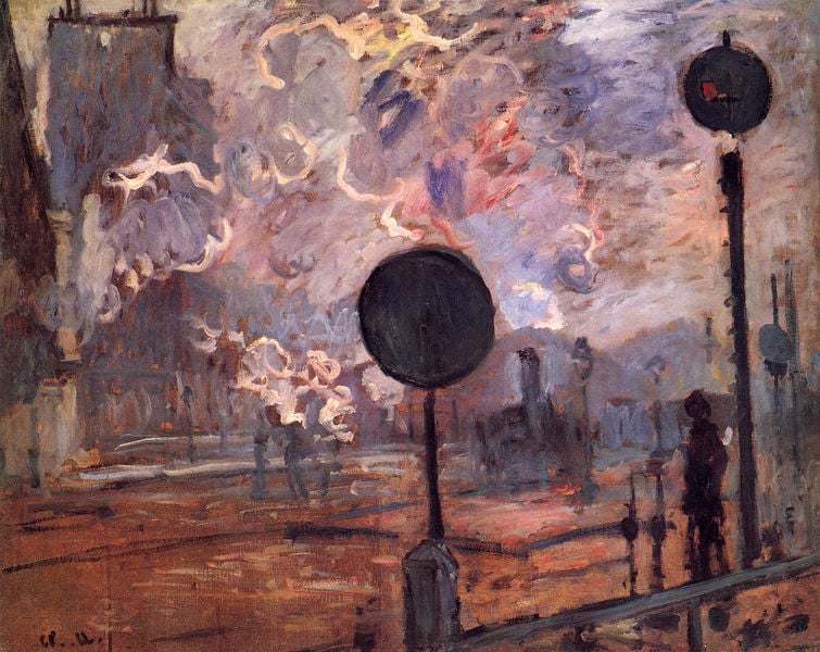 Außerhalb des Bahnhofs Saint-Lazare, Das Signal. by Claude Monet. 1877. Motifs recorded: rauch, blau, weiß, rot, mann, schwarz, mensch, himmel.