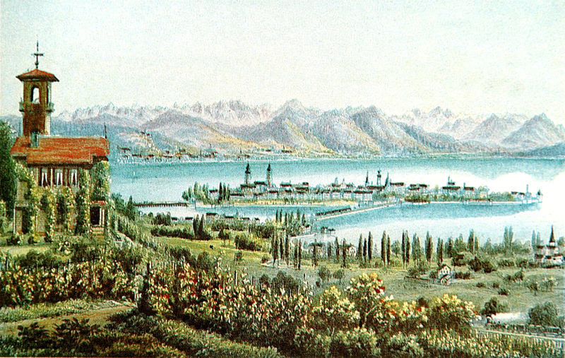 Ansicht von Lindau vom Hoyerberg. by R. Dinkenmann. 1859–1861. Motifs recorded: berge, see, kirche, landschaft, insel, blau, gebirge, grün.