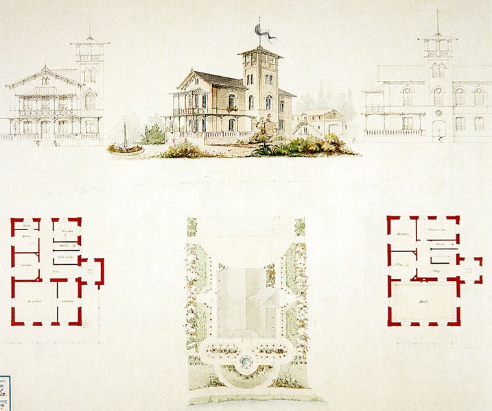 1. Entwurf zur Villa Knorr in Starnberg-Niederpöcking - Aufrisse,Grundrisse und Perspektive. by Arnold Zenetti. 1852–1853. Motifs recorded: grundriss, garten, haus, turm, zeichnung, architektur, fahne, park.