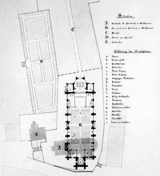 Entwurf zu St. Johann Baptist in München-Haidhausen, Lageplan. by Georg Friedrich Ziebland. 1849. Motifs recorded: grundriss, kirche, gebäude, legende, plan, schrift, zeichnung, garten.