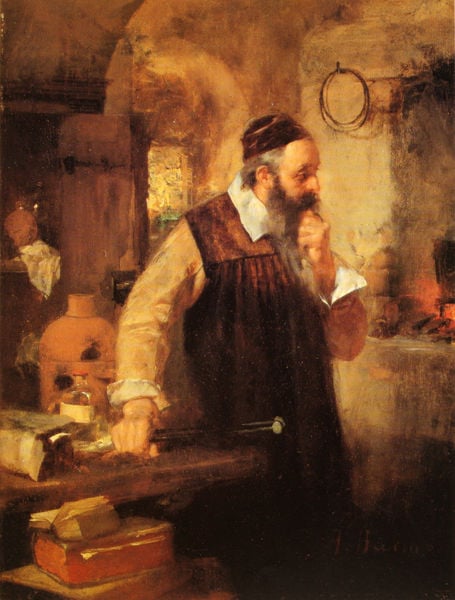 Adept im Laboratorium. by Albert Adamo. 1870–1887. Motifs recorded: mann, buch, bart, zange, feuer, kittel, schmied, kappe.