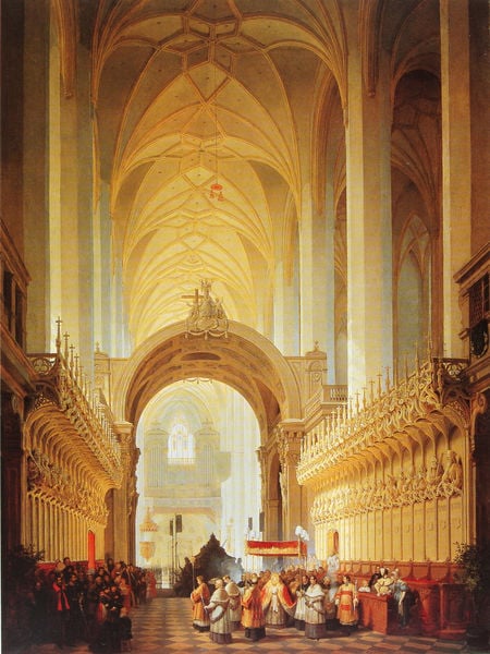 Das Innere der Münchner Frauenkirche. by Max Emanuel Ainmiller. 1837. Motifs recorded: kirche, gewölbe, chor, messe, licht, gelb, menschen, kathedrale.
