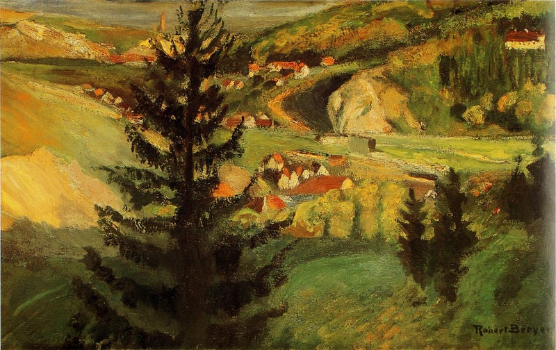 Blick auf Ulm. by Robert Breyer. 1888–1941. Motifs recorded: landschaft, tanne, baum, häuser, dorf, wiese, grün, weg.