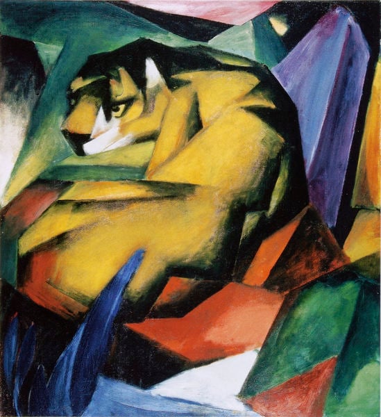 Der Tiger. by Franz Marc. 1912. Motifs recorded: tiger, grün, gelb, blau, rot, schwarz, formen, löwe.