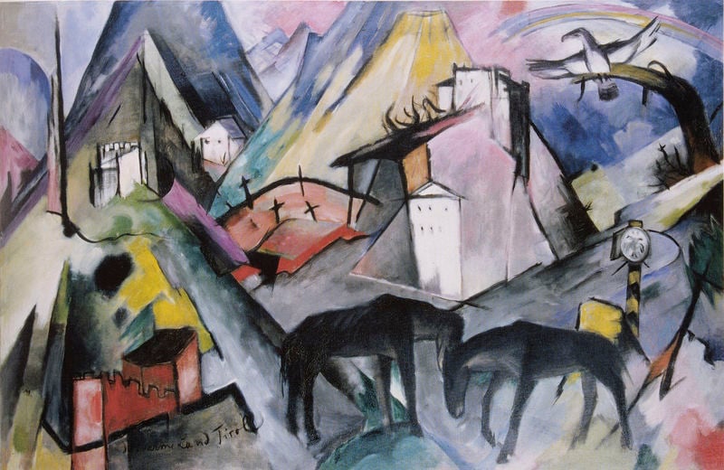 Das arme Land Tirol. by Franz Marc. 1913. Motifs recorded: pferde, friedhof, berge, vogel, rot, burg, bird, tirol.