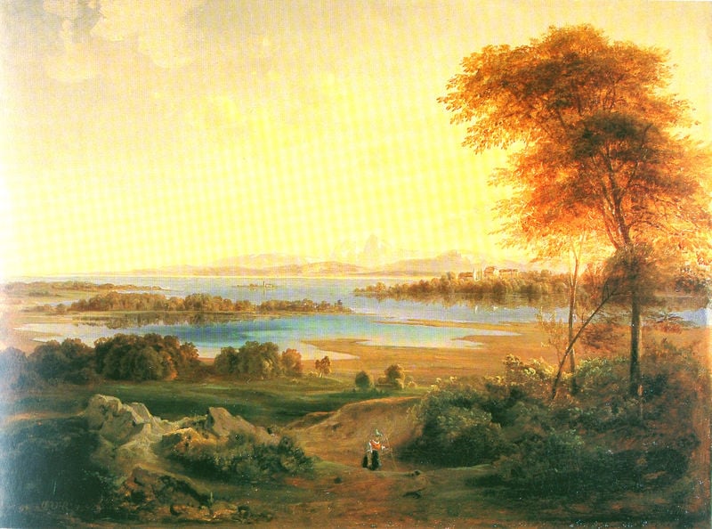 Chiemseelandschaft mit Blick auf Frauen- und Herreninsel. by Daniel Fohr. 1842. Motifs recorded: see, landschaft, himmel, frau, wasser, water, tree, gelb.