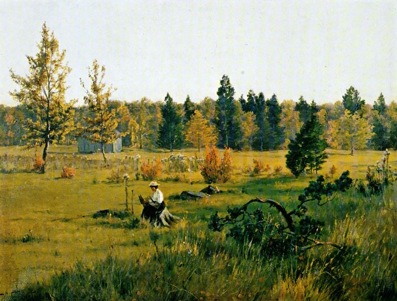 Malerin im Allacher Forst. by Heinrich Gogarten. 1908. Motifs recorded: bäume, frau, hut, wiese, landschaft, himmel, grün, hütte.