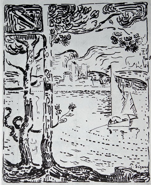 Antibes. Die Bucht. by Paul Signac. 1909–1911. Motifs recorded: bäume, zeichnung, segelboot, stadt, wasser, ufer, boot, baum.