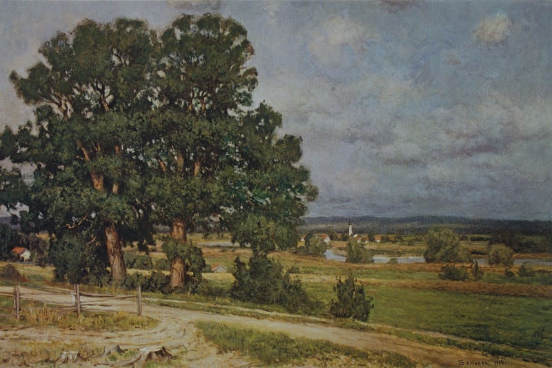 Blick ins Loisachtal. by Gottfried von Hoven. 1914. Motifs recorded: weg, zaun, fluss, himmel, bäume, dorf, wolken, kirche.